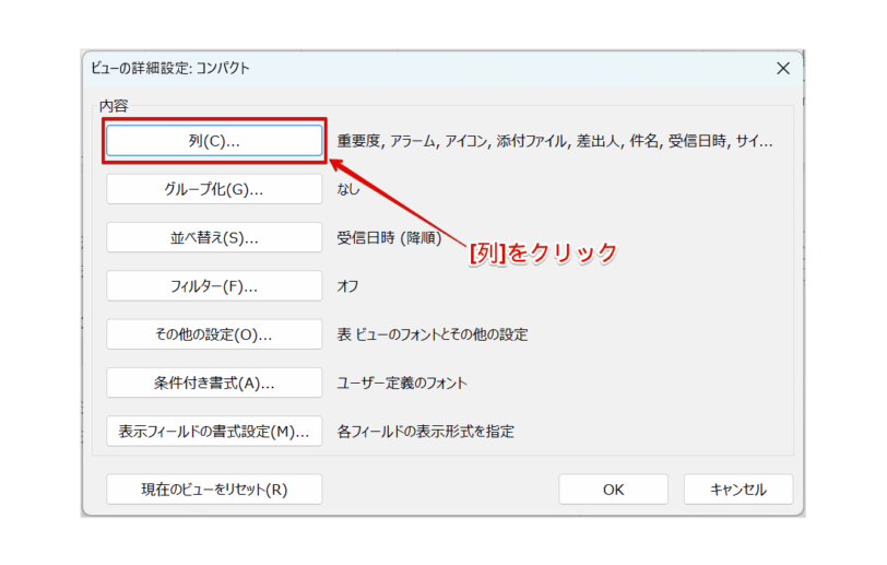 『ビューの詳細設定』ダイアログボックスの表示