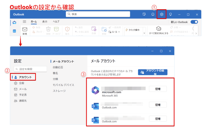 Outlookの[設定]－[アカウント]－[管理]をクリック