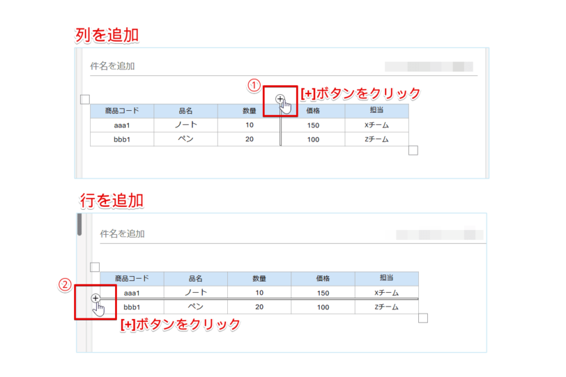 [+]ボタンをクリックして列と行を追加