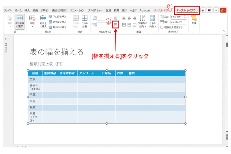 [幅を揃える]をクリック