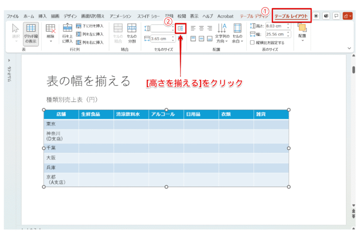 [高さを揃える]をクリック
