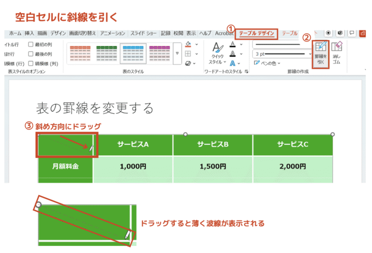 斜め方向にドラッグ
