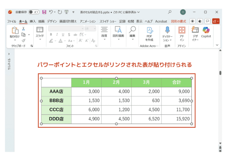 エクセルとリンクした状態で表の貼り付け完了