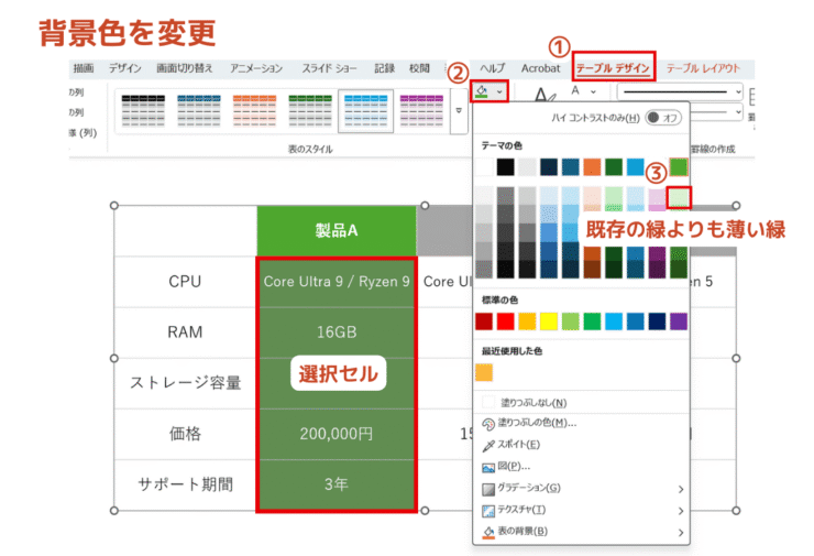 既存の緑よりも薄い緑に設定