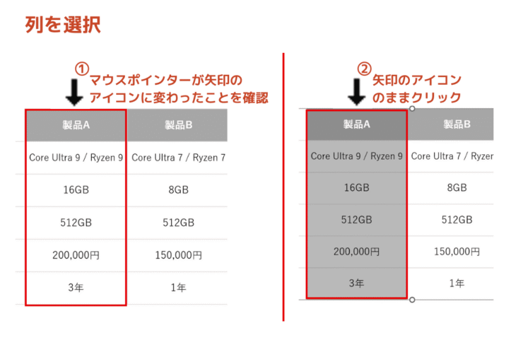 列を選択する方法