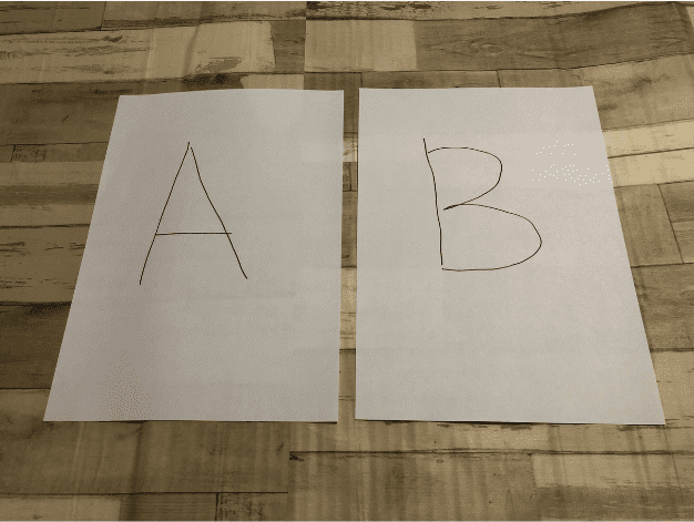 三つ折り用(A)、不要紙(B)