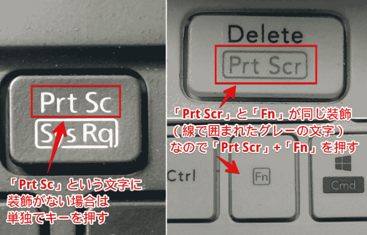 Print Screenキーは単独で使用する機種と他のキーと同時に押す機種がある