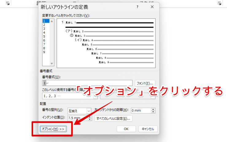 「オプション」をクリックする