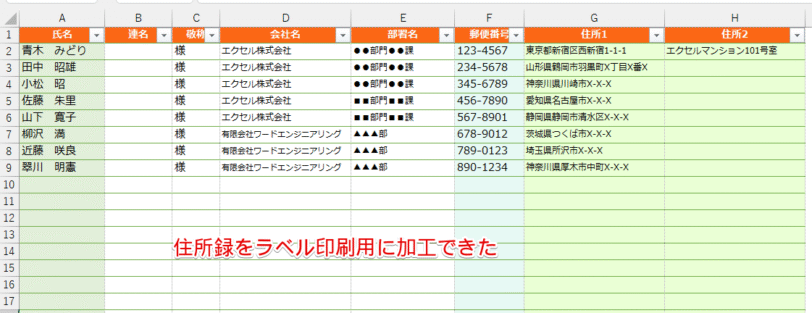 ラベル印刷用に加工した住所録