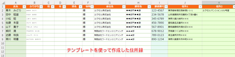 完成した住所録の例