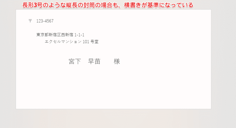 長形3号のような縦長の封筒も横書きが基準になっている