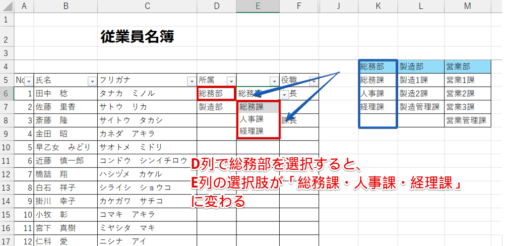 隣のセルが連動するプルダウン