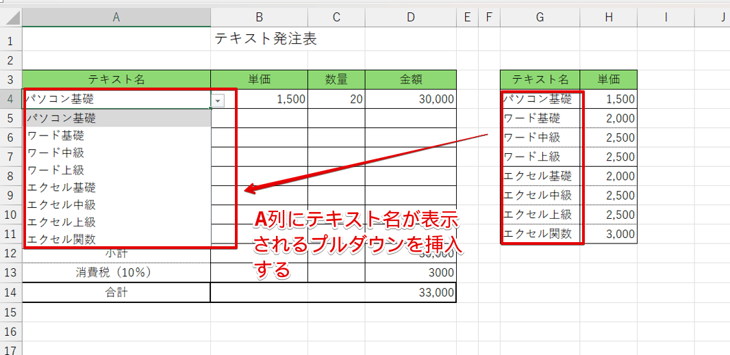 A列にプルダウンを挿入