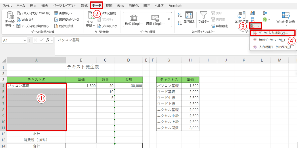 プルダウンの挿入範囲を選択して「データの入力規則」を押す
