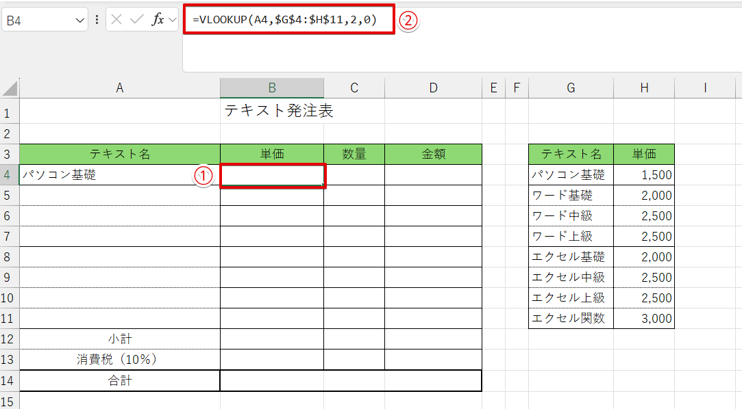 単価のセルにVLOOKUP関数を挿入