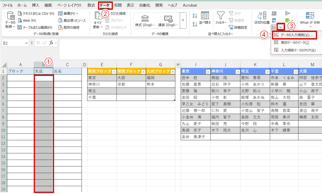 「支店」の列を選択して、データの入力規則をクリックする