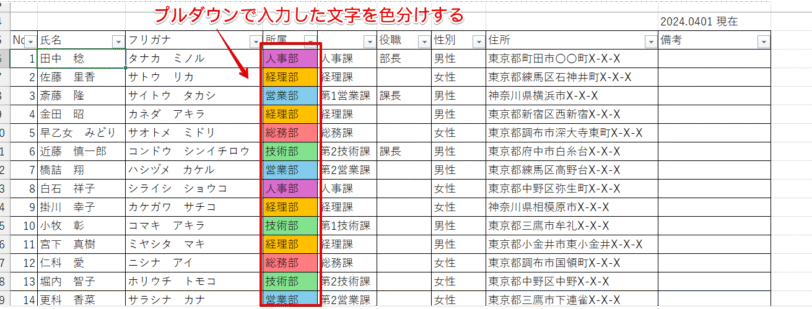 プルダウンで入力した文字を色分け