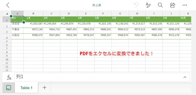 PDFをエクセルに変換完了
