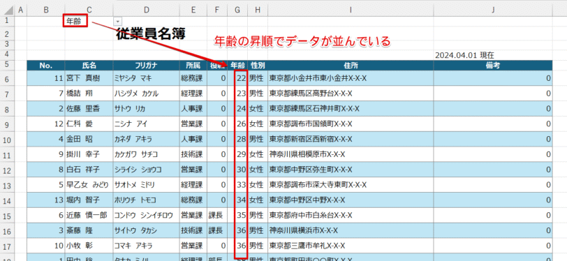 元データ「従業員名簿」にデータが表示された