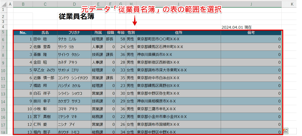 元データ「従業員名簿」の表の範囲をコピー