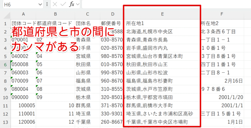 都道府県と市の間にカンマがあるデータ