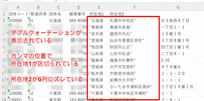 E列がカンマ位置で分割されている