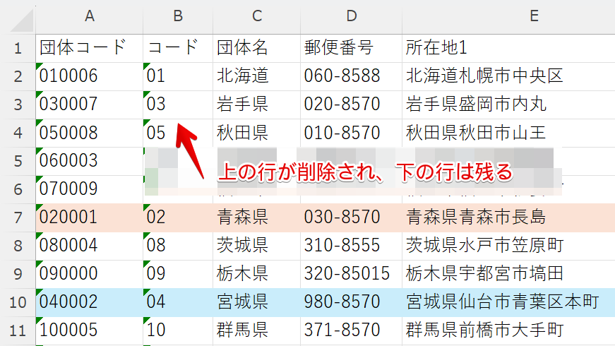 下の行が残る