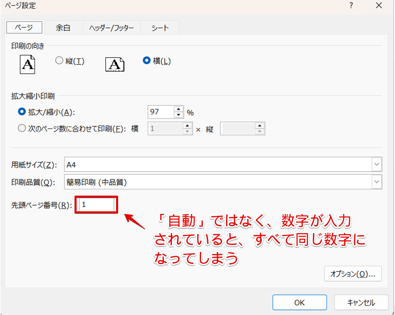 先頭ページに「数字」が入力されていないか確認する