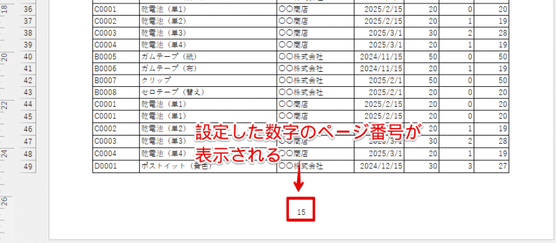 設定したページ番号が表示されていることを確認