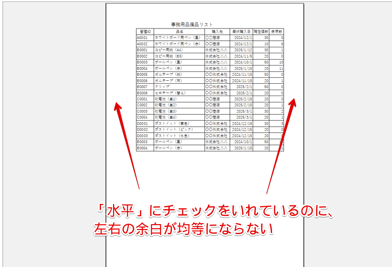「水平」にチェックを入れても左右の余白が均等にならない