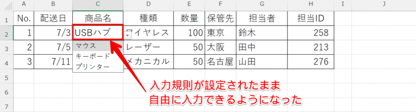入力規則を維持して自由入力