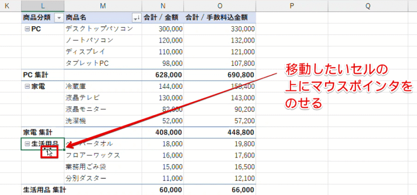 フィールドの上にマウスポインタをのせる