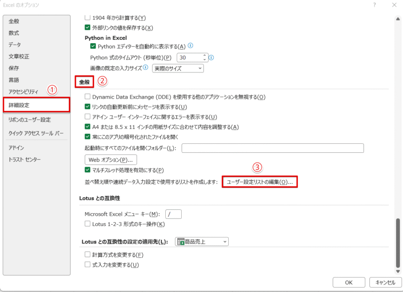 Excelのオプションから「ユーザー設定リスト」を選択