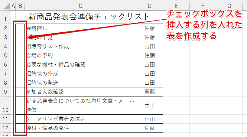 チェックボックスを挿入する列がある表を作成