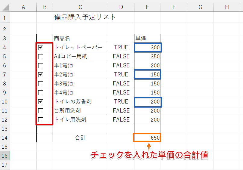 SUMIF関数を使ってチェックが入っている単価を合計したデータ