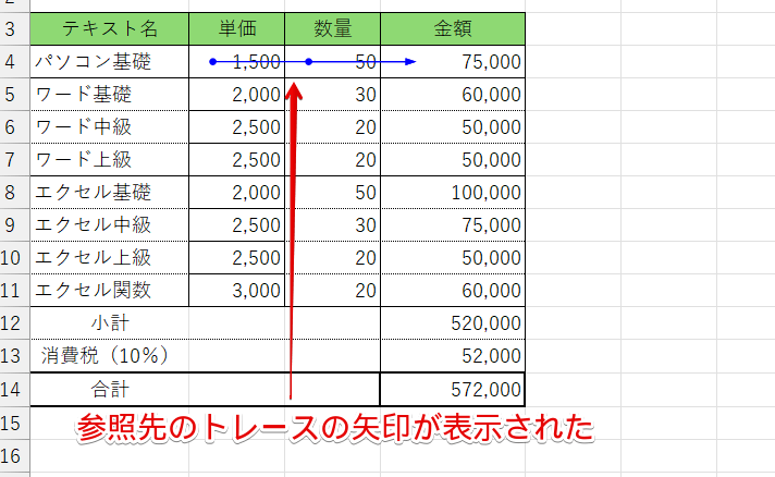 「参照先のトレース」の矢印が表示された