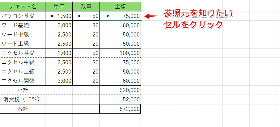 参照元を知りたいセルをクリック