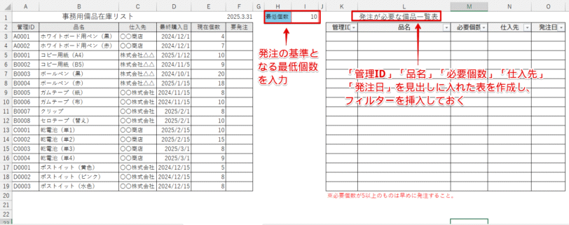 「事務用備品在庫リスト」と「発注が必要な備品一覧表」を作成