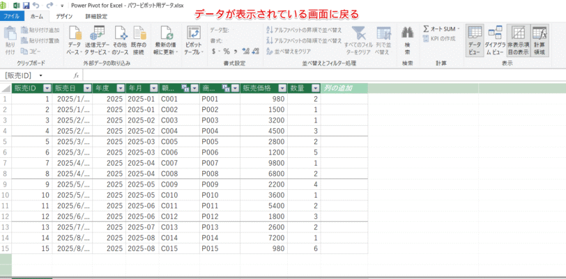 データが表示されている画面に戻る