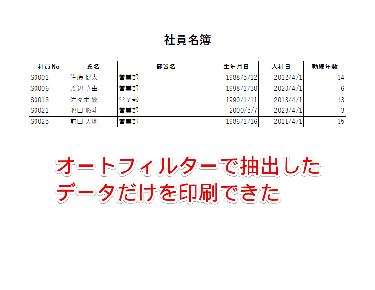 フィルターで抽出したデータだけを印刷することができた