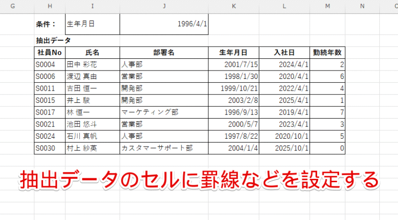 抽出したデータに罫線を設定