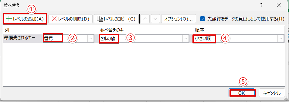 レベルを追加して番号で並び替える