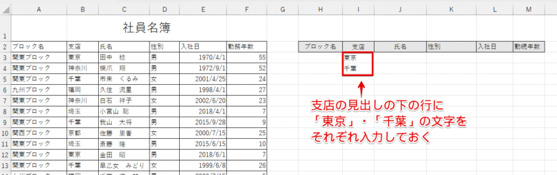 データの抽出先の見出しの下にフィルターをかけたい文字を入力