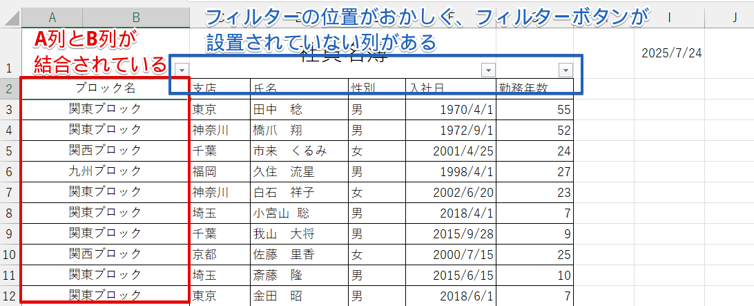 「A列」と「B列」が結合されているデータ