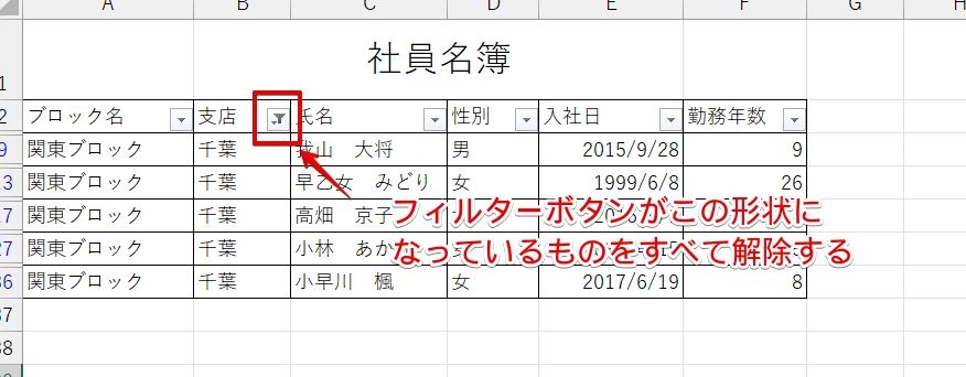 フィルターボタンが▼になっていない