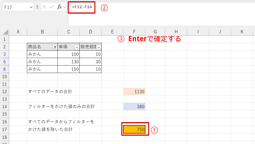 すべてのデータの合計からフィルターをかけた合計を引く