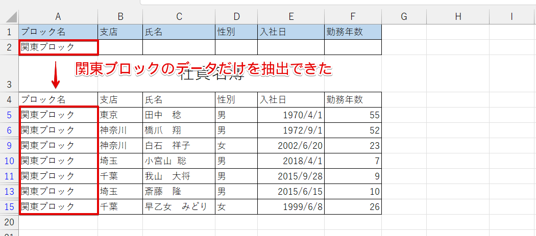 フィルターボタンを使わずに必要なデータを抽出できた