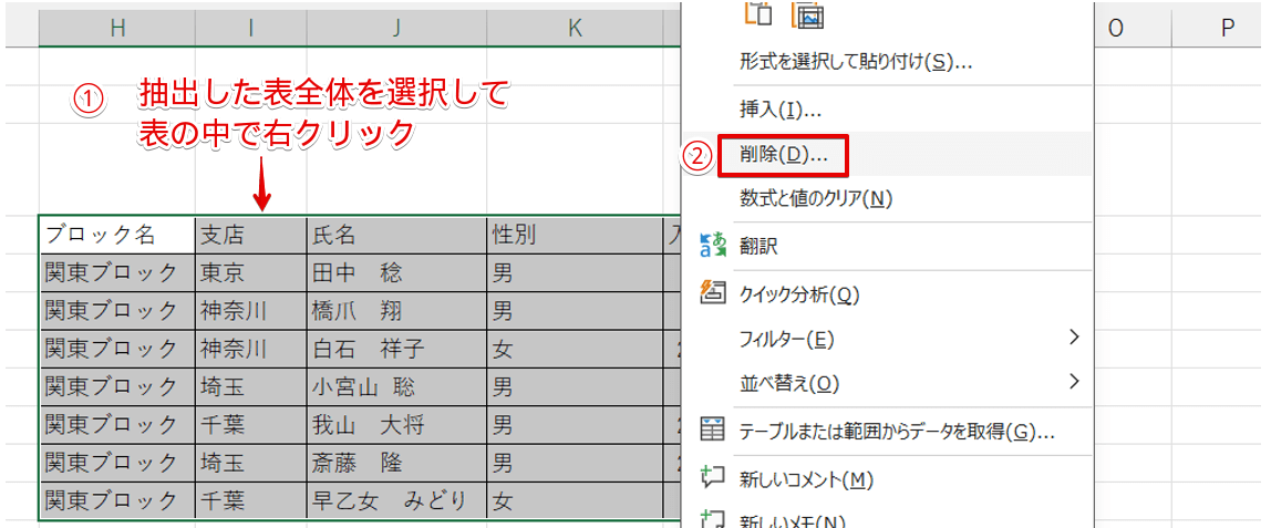 表全体を選択して右クリックをする