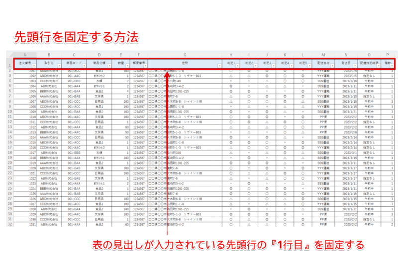 先頭行の『1行目』を固定する