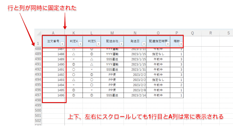 上下、左右にスクロールしても指定した行と列は常に表示される